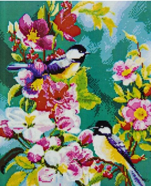 Алмазна картина Синиці серед квітів