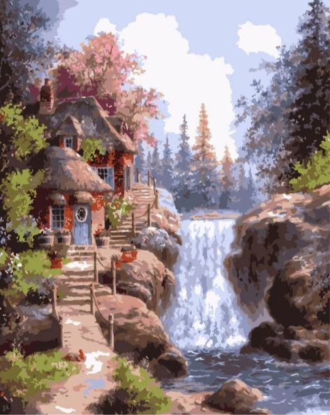 Картина за номерами Будиночок біля водоспаду