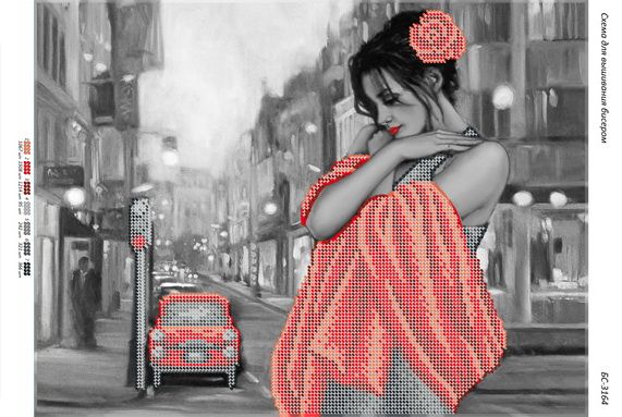 Схема для вишивки Дівчина у червоному на тлі міста