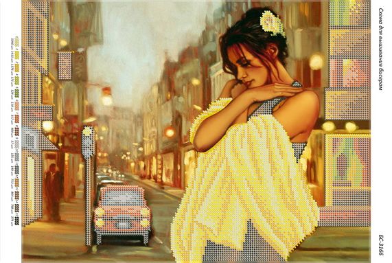 Схема для вишивки Дівчина у жовтому  на тлі міста